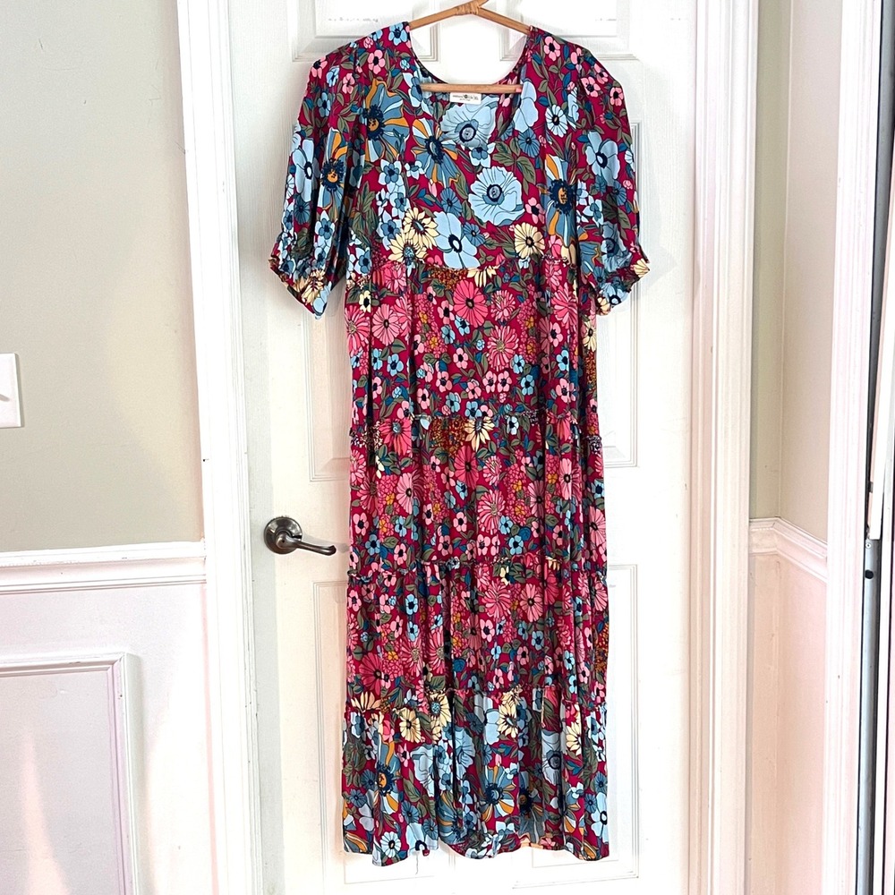 Natural Life Maxi Dress XL Women Floral Tiered Puff Sleeve Pink Blue Boho Retro